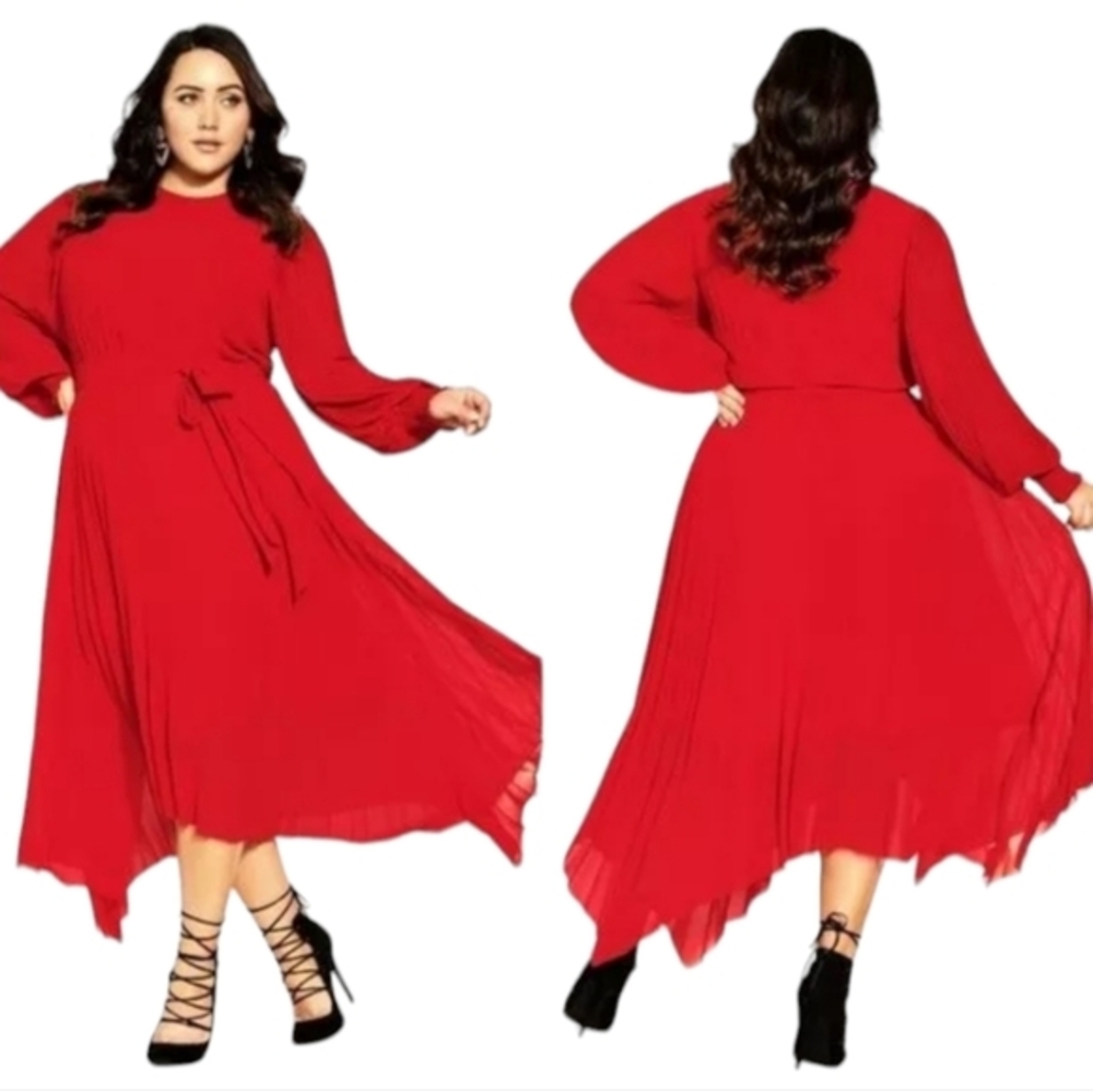 City Chic Natalie Pleated Handkerchief Hem Long Sleeve Midi Dress in Crimson Red